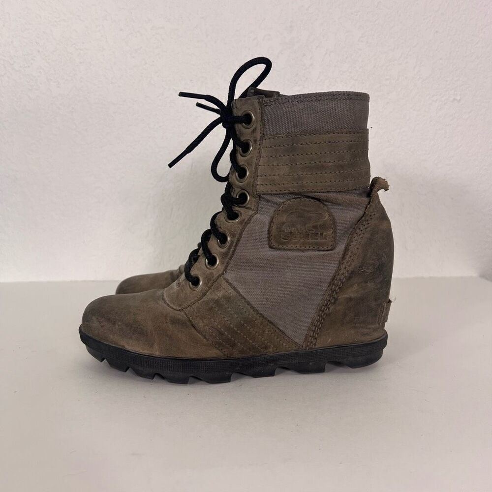 Sorel Grey Leather & Canvas Mid Calf‎ Lace Up Booties Size 7
